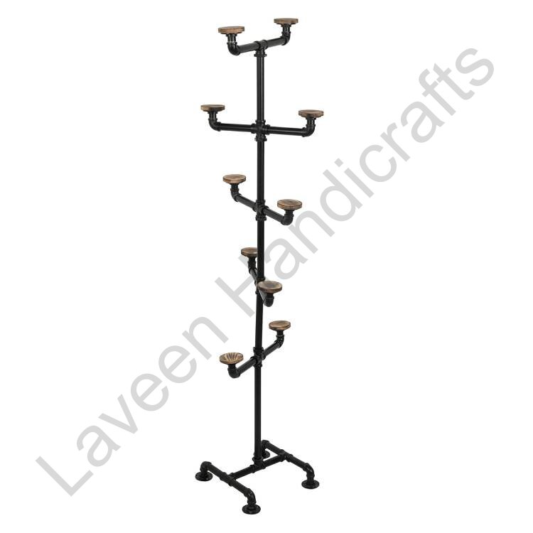 Rustic Burnt Wood Iron Coat & Hat Stand Black