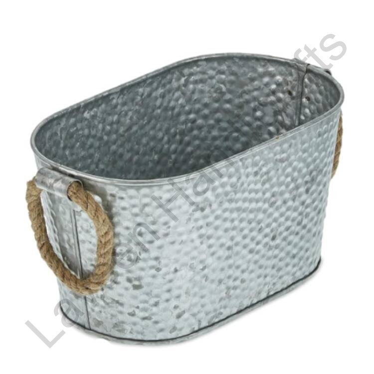 Oval Iron Planter With Jute Handles Grey