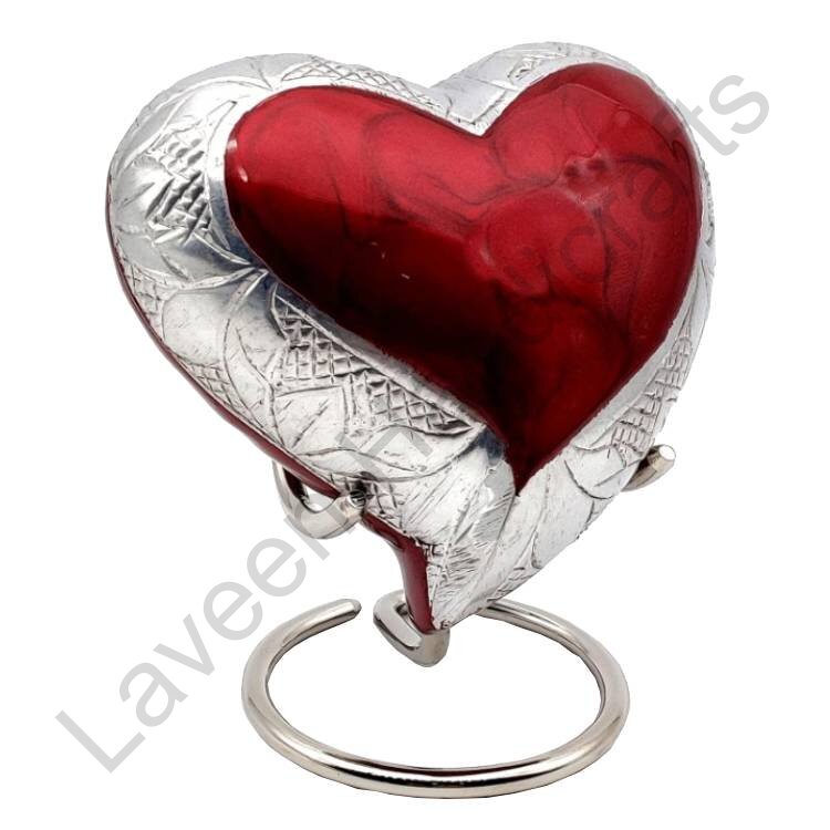 Engraved Heart Shaped Urn Red / Silver