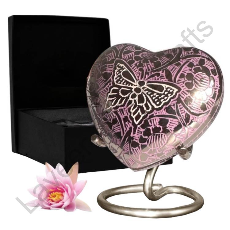 Butterfly Pattern Heart Shaped Urn Pink / Silver