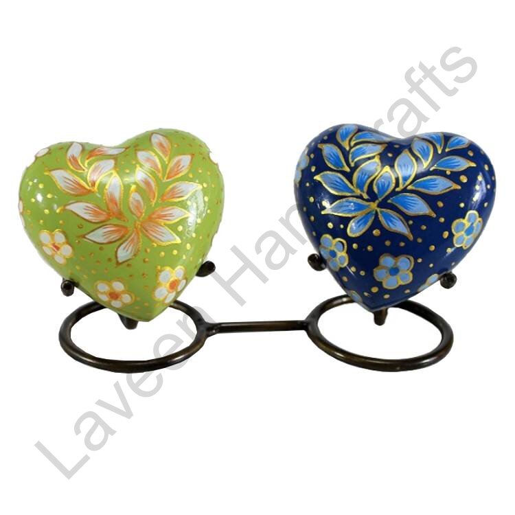 Floral Handpainted Heart Shaped Urn Green / Blue