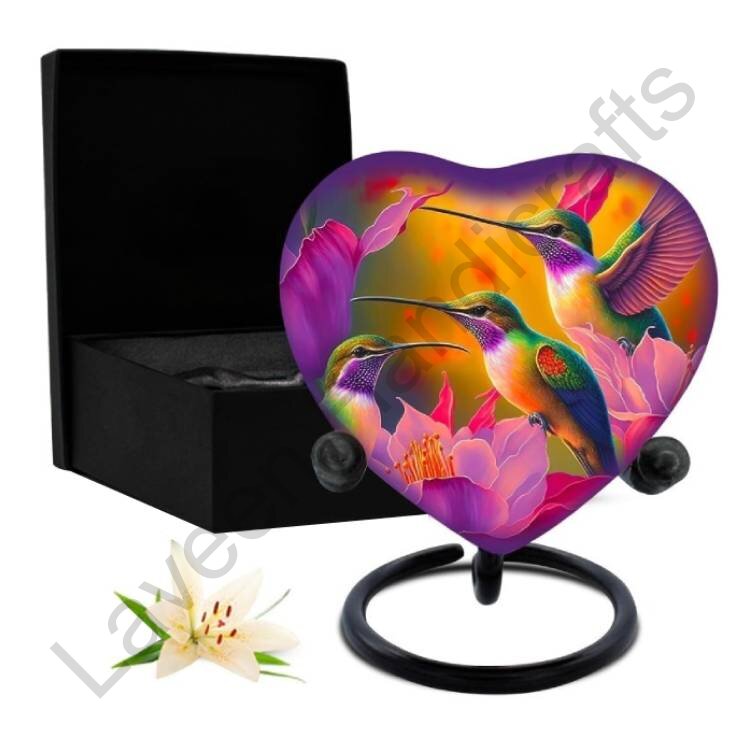 Hummingbird Art Heart Shaped Urn Pink