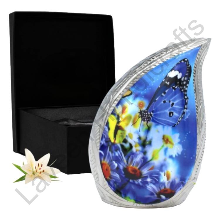 Floral Engraved Keepsake Urn Blue / Silver