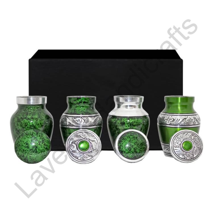 Floral Engraved Keepsake Urn Green / Silver - 4 Pcs