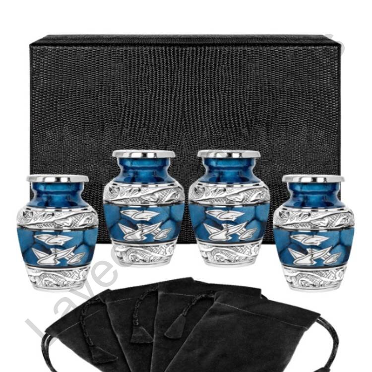 Engraved Dove Pattern Keepsake Urn Blue - 4 Pcs