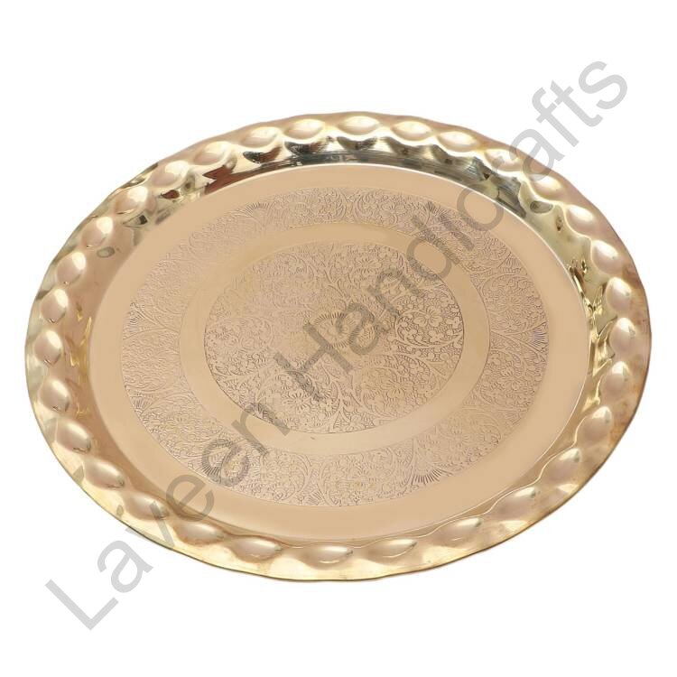 Floral Carved Design Brass Plate Golden