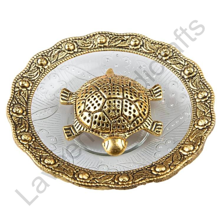 Tortoise Table Top Statue With Glass Plate Golden