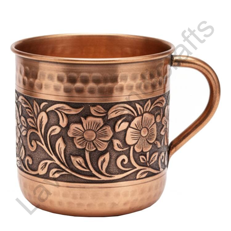 Hammered Floral Engraving Copper Tea Cup
