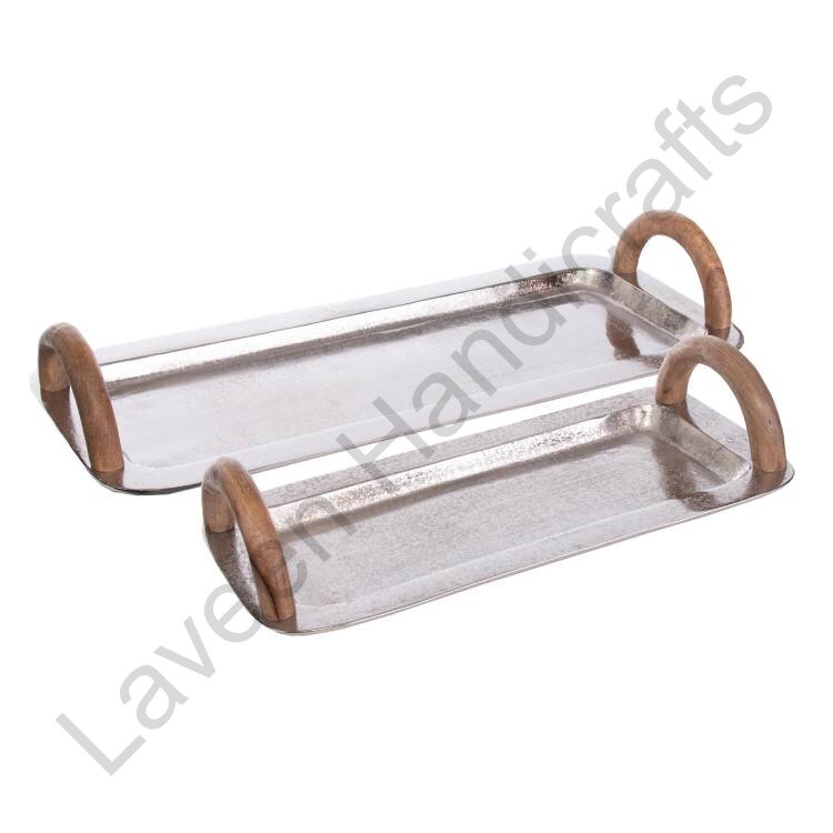 Rectangular Wooden Handles Tray Silver - 2 Pcs