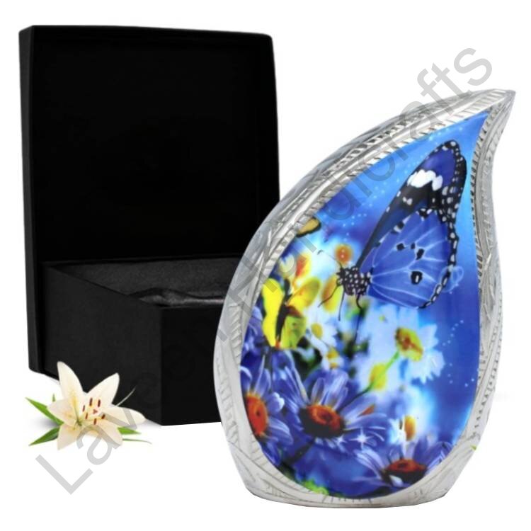 Butterfly Garden Tear Drop Urn Blue
