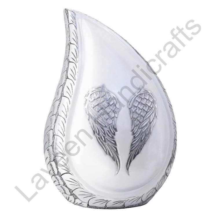Angel Wings Tear Drop Urn White / Silver