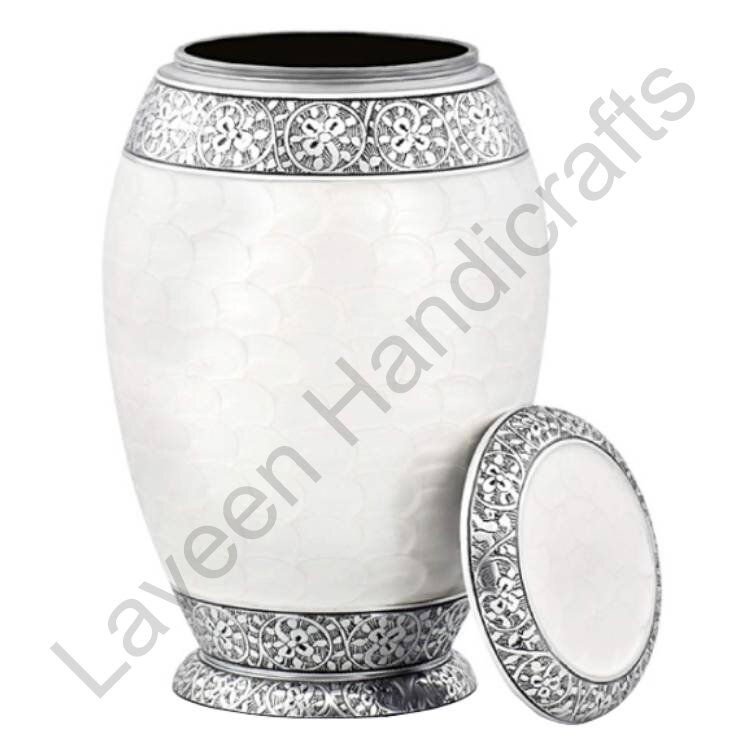 Silver Floral Band Human Urn Paerl White