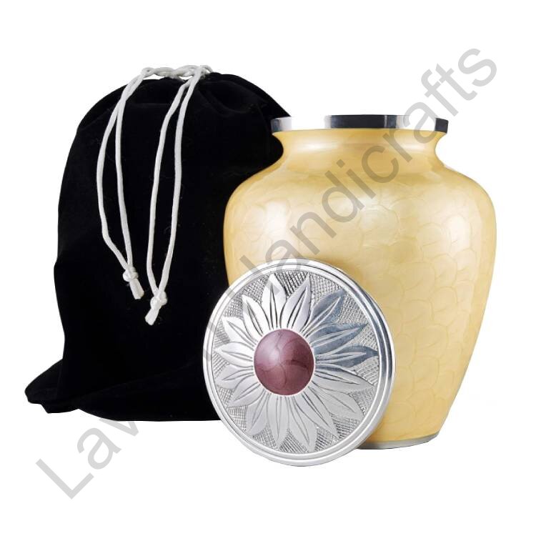 Silver Flower Cap Human Urn Yellow With Pouch