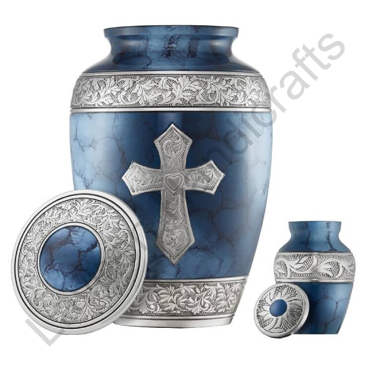Silver Cross Engraved Human Urn Blue - 2 Pcs