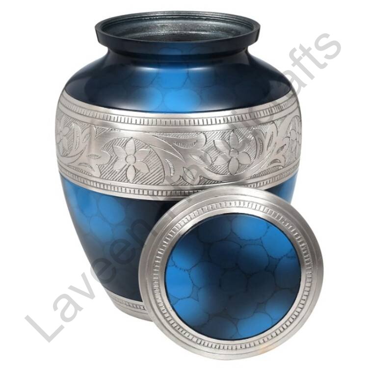 Floral Engraved Band Human Urn Blue