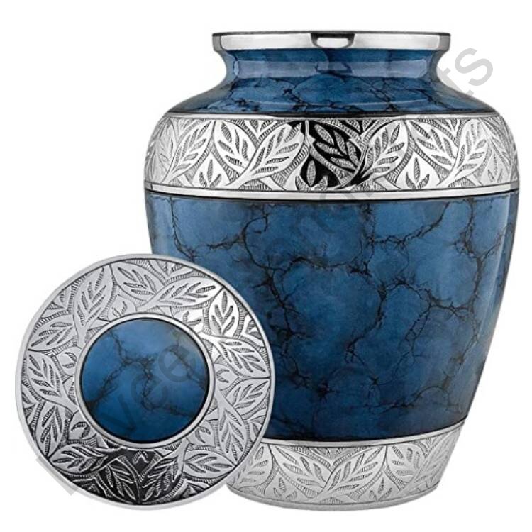 Silver Leaf Engraved Human Urn Blue
