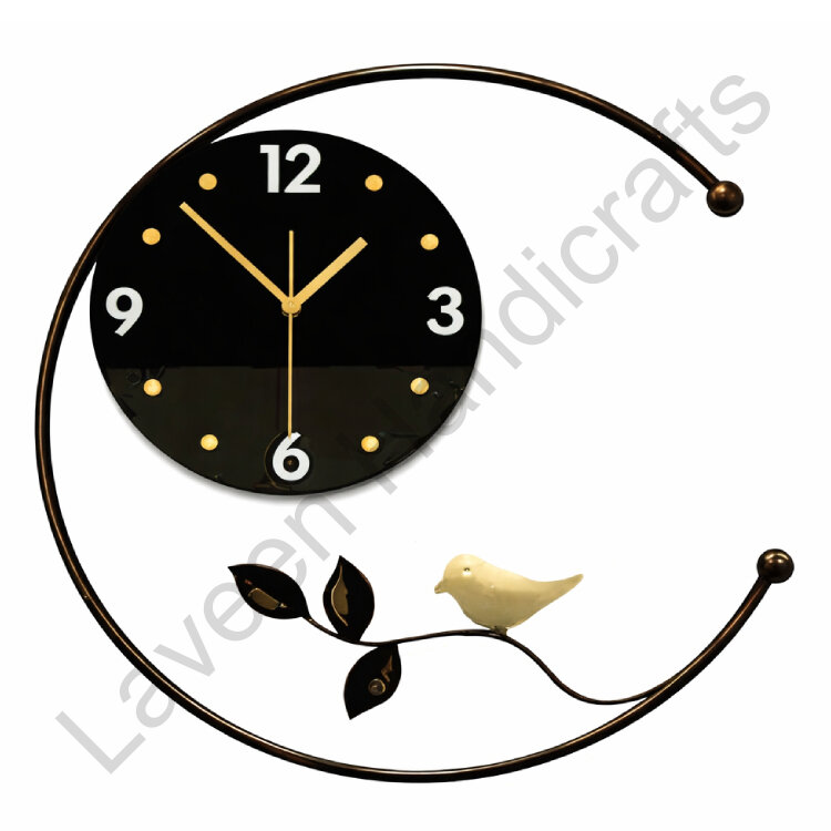 Leaf With Golden Bird Wall Clock Black