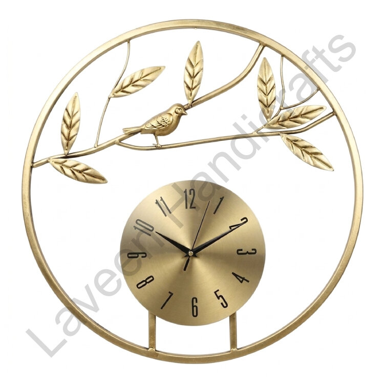 Leaf & Bird Design Wall Clock Golden