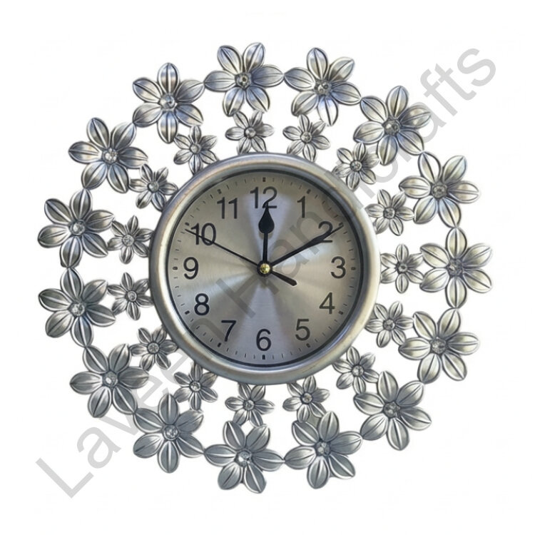 Decorative Flower Design Wall Clock Silver