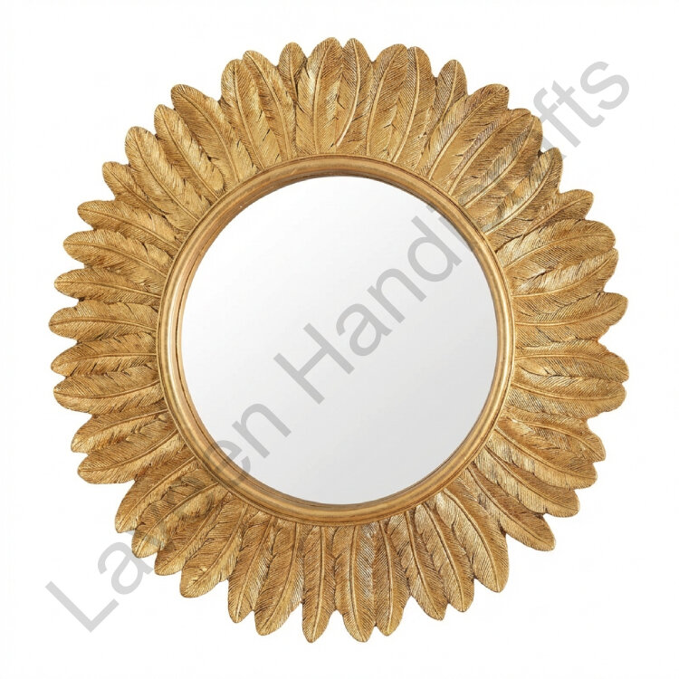 Feather Sunburst Round Wall Mirror Golden