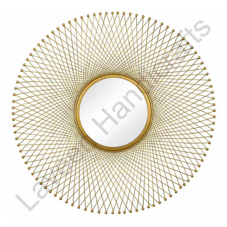 Beaded Wire Sunburst Round Wall Mirror Golden